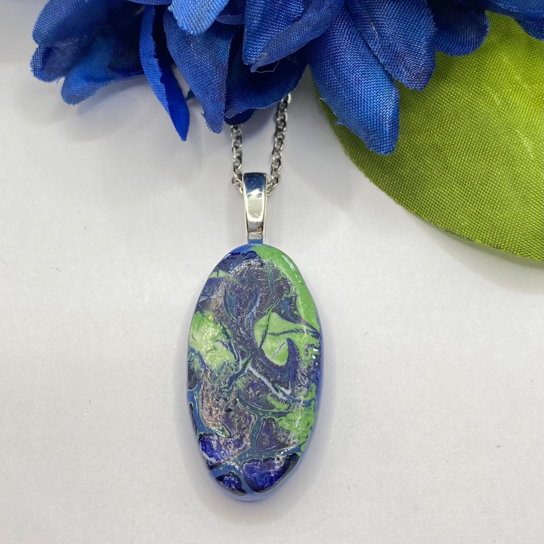 Oval Blue and Green Paint Pour Glass Fused Pendant