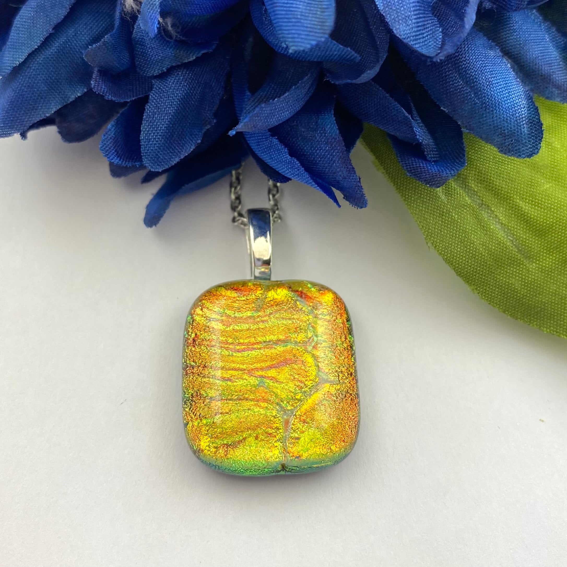 Amber and Green Crinkle Dichroic Glass Fused Pendant