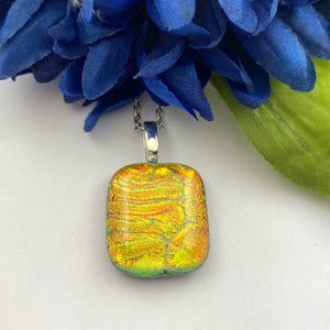 Amber and Green Crinkle Dichroic Glass Fused Pendant