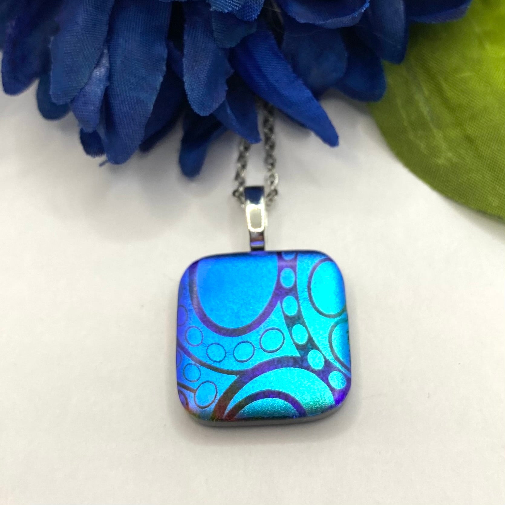 Blue and Turquoise Glass Fused Pendant with a Geo Design