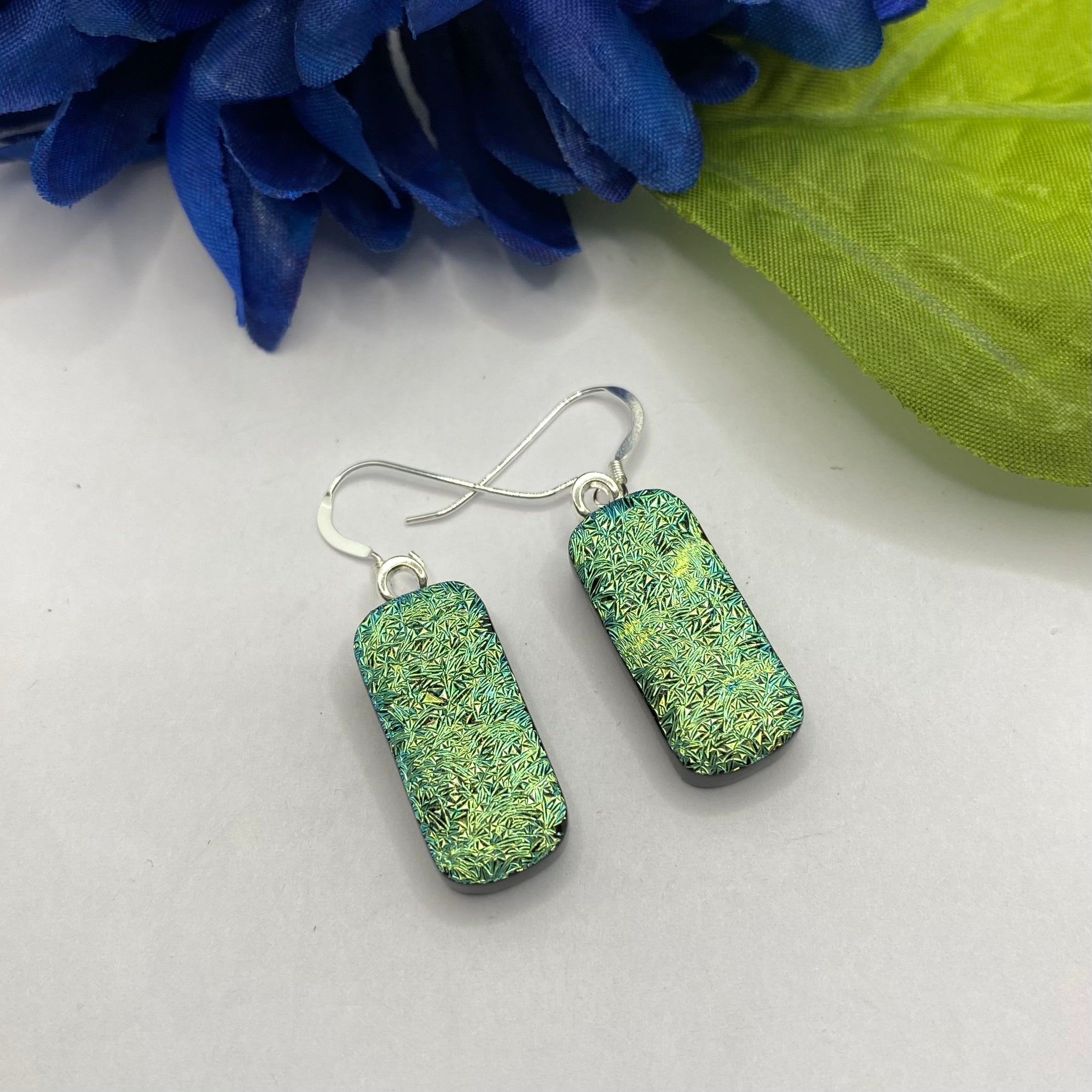 Green Crinkle Glass Fused Earrings