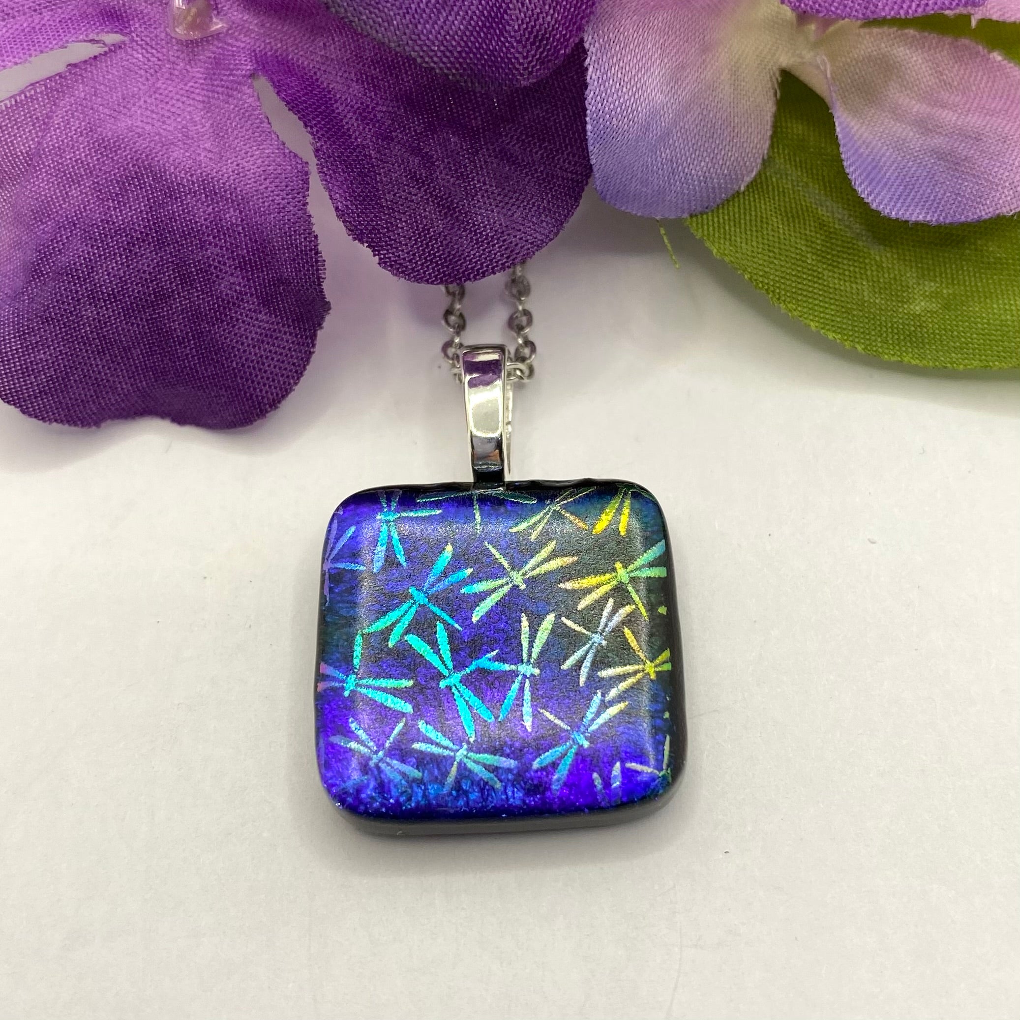 Purple Multicolored Dragonfly Glass Fused Pendant