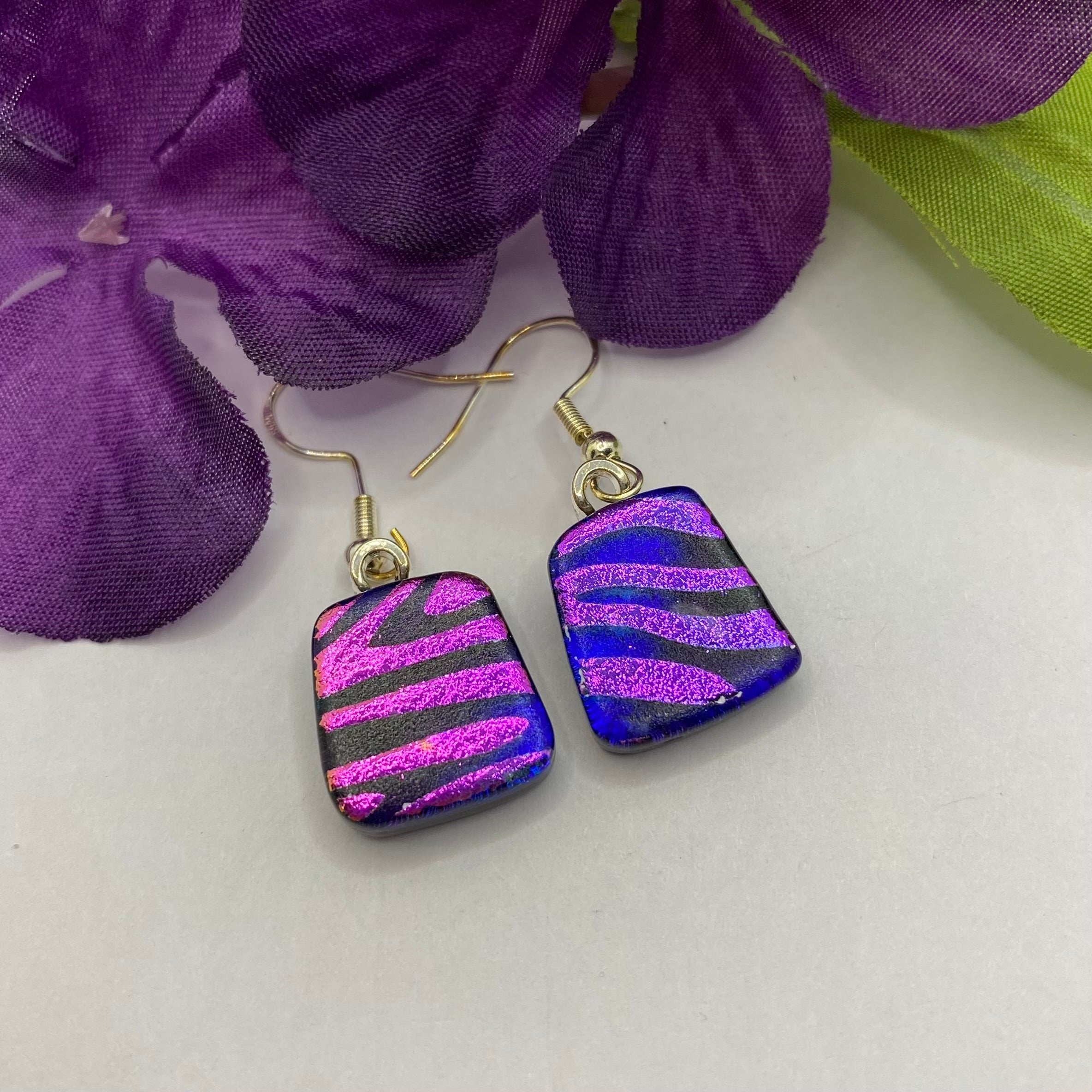 Purple Zebra Pattern Glass Fused Earrings